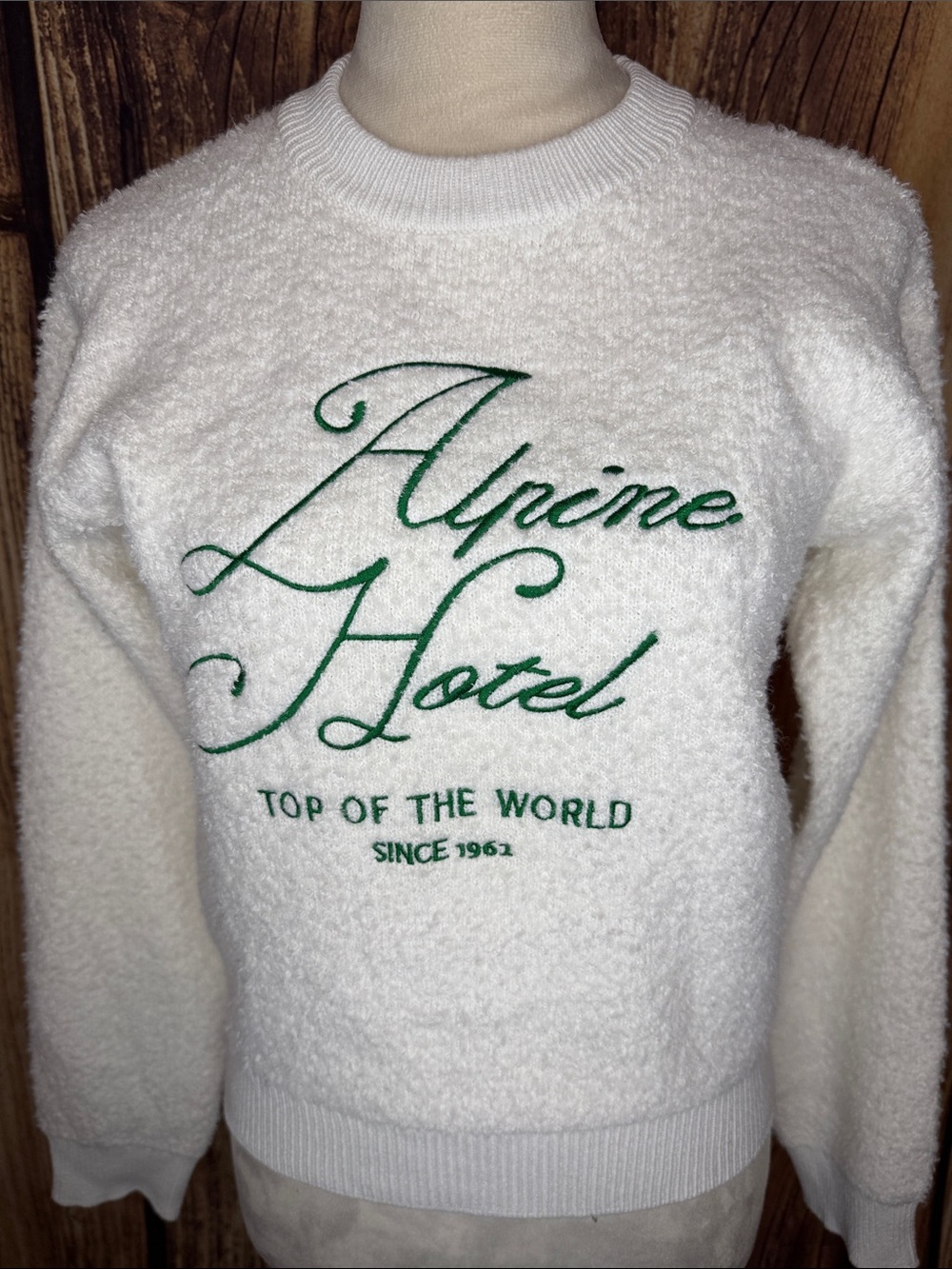 Universal Thread Cream Bouclé Crewneck Sweater with Green Script